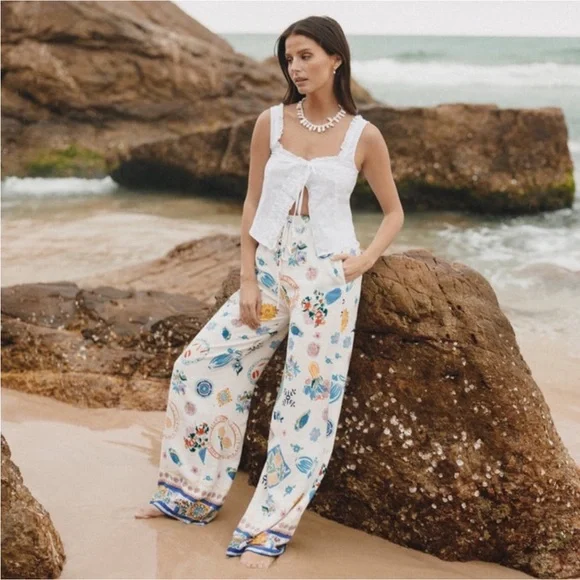 Label Of Love Anthropologie Womens M Tropical Wide Leg Linen Blend Resort Pants - Picture 2 of 16